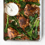 roasted harissa chicken thighs with broccolini and chickpeas-- withspice food blog