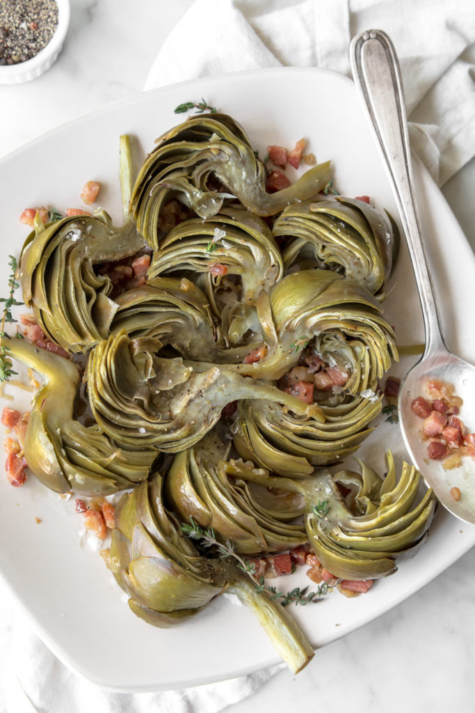 braised artichokes with pancetta, white wine and thyme