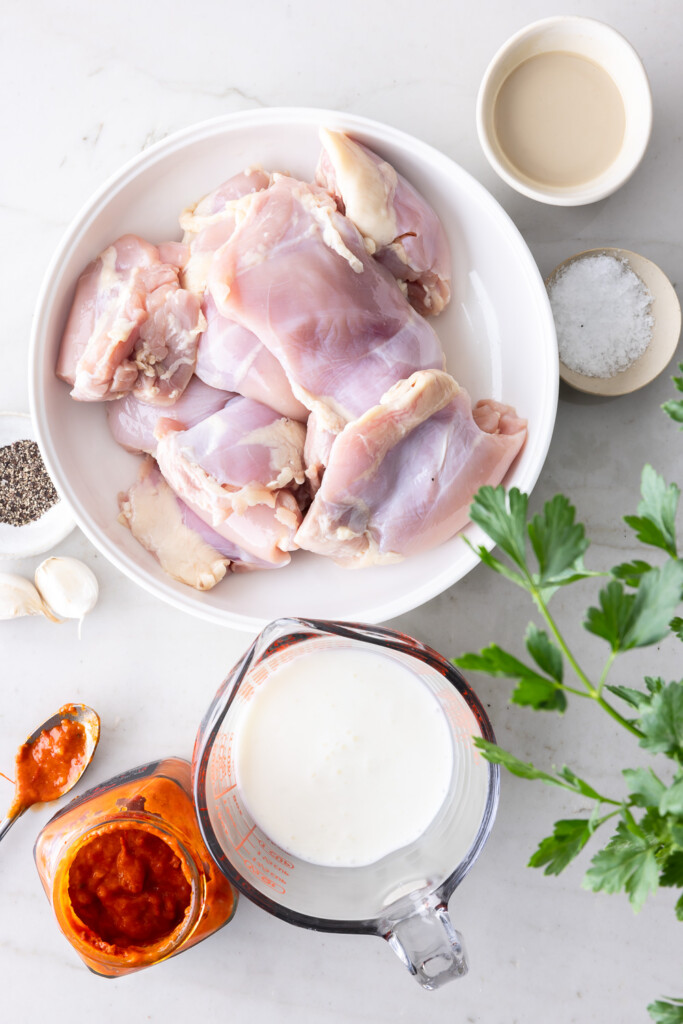 ingredients_chicken thighs, harissa, kefir, garlic, thyme