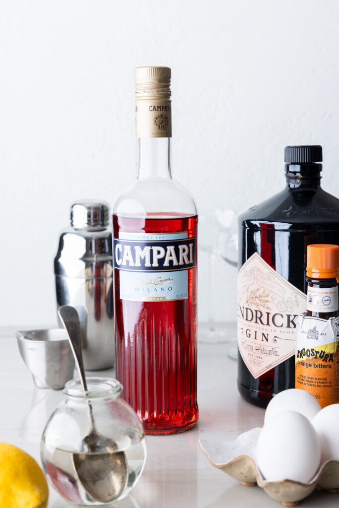 ingredients_campari, gin, egg white, bitters, lemon, simple syrup