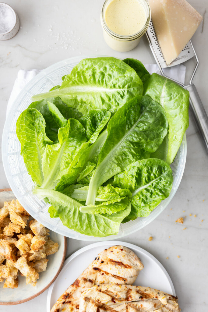 ingredients_romaine, grilled chicken, parmesan, caesar salad dressing, sourdough croutons