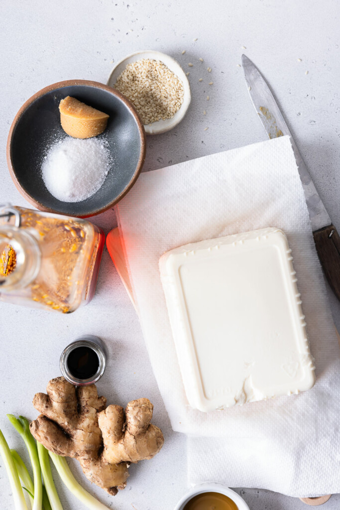 ingredients_silken tofu, ginger, soy sauce, scallions, miso, sesame seeds