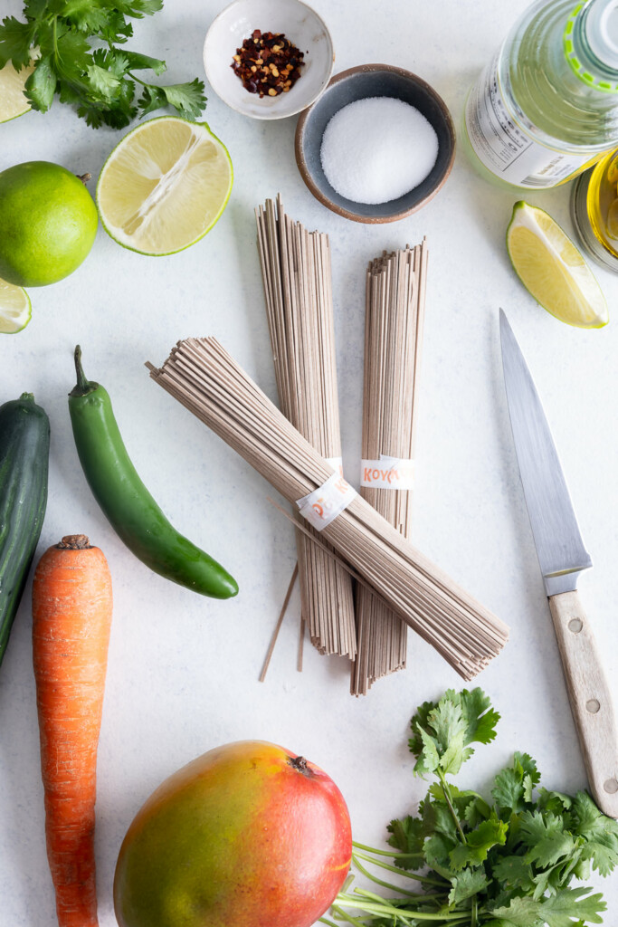 ingredients_soba noodles, mango, cucumber, cilantro, carrots