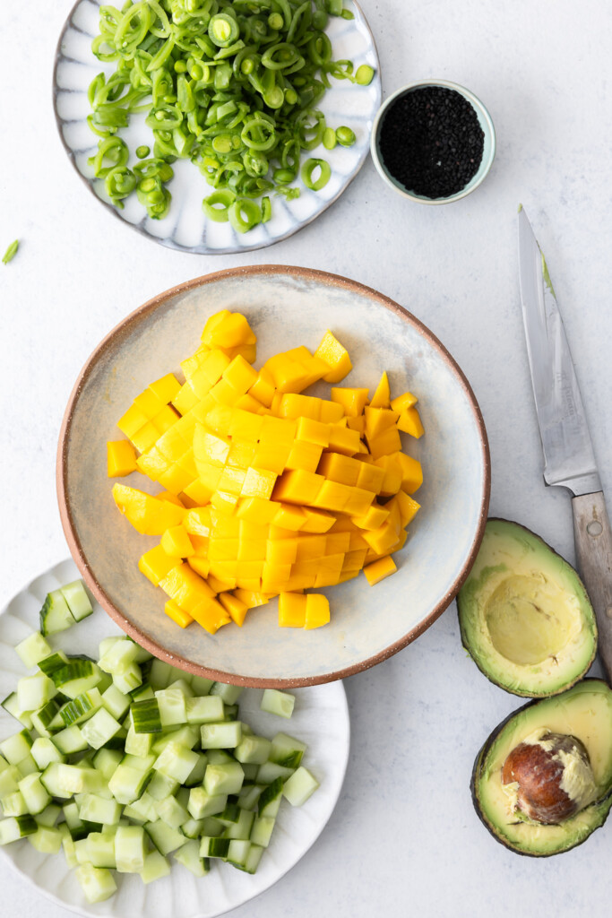 1_chop vegetables for salmon poke bowl