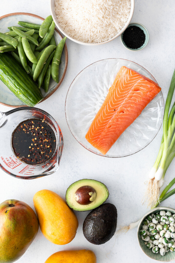 ingredients_salmon, coconut rice, cucumber, snap peas, mango, wasabi