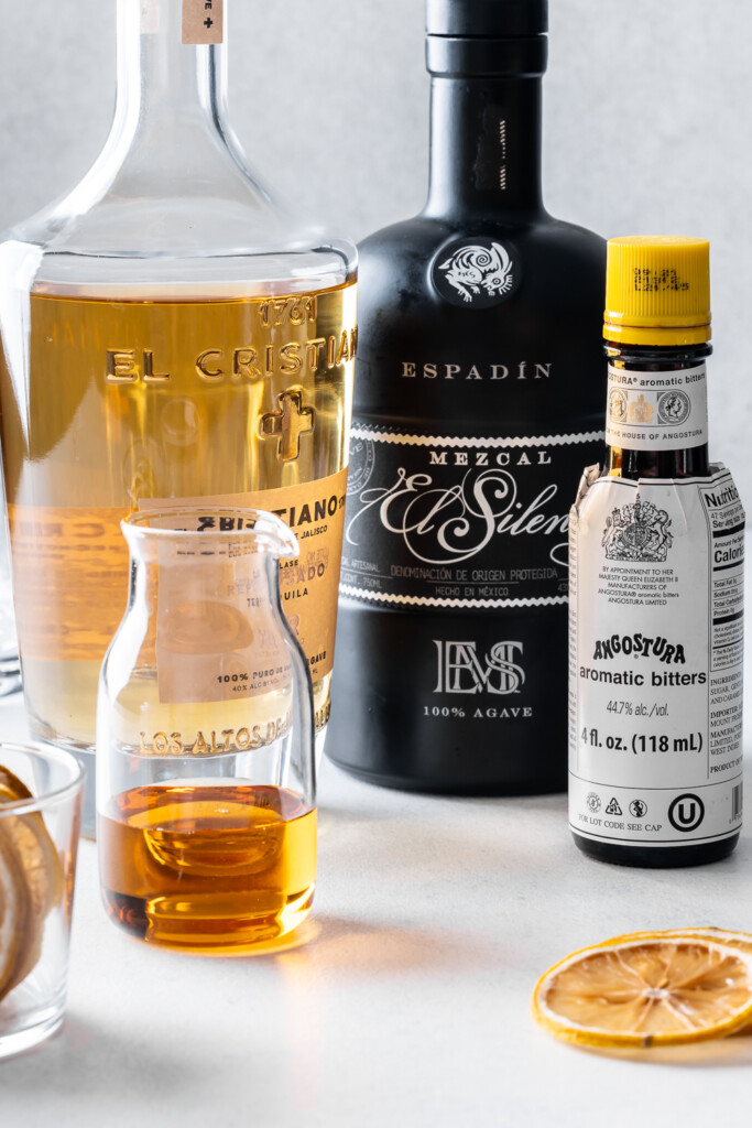 ingredients_reposado tequila, mezcal, bitters, agave syrup