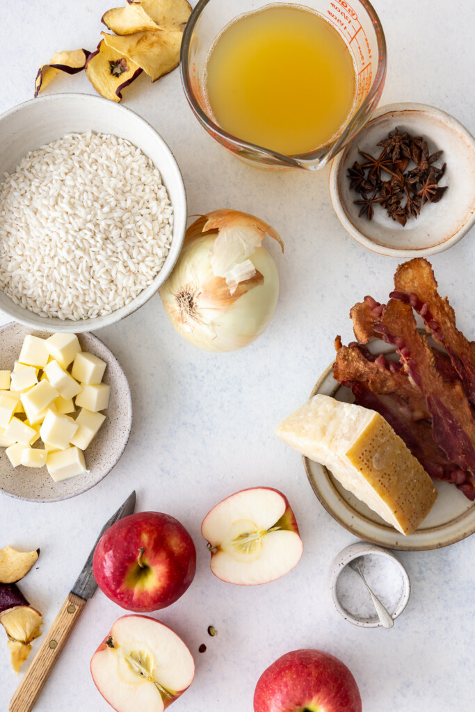 ingredients_risotto rice, apples, bacon, parmesan, butter, stock, star anise, apple cider