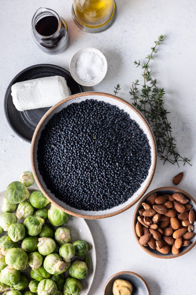 ingredients_black lentils, brussels sprouts, almonds, goat cheese, thyme