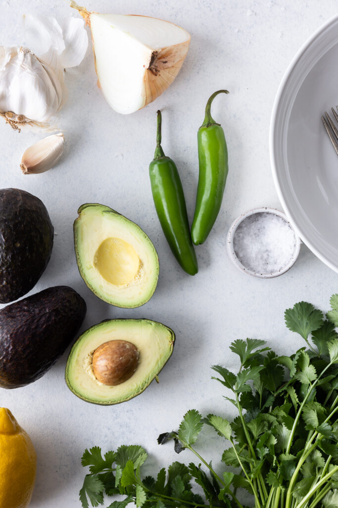 ingredients_avocados, serrano, onion, garlic, lemon, cilantro